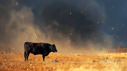 Naklejka premium A lone black cow stands in a dry field, embers floating around as smoke fills the air in a dramatic rural scene.