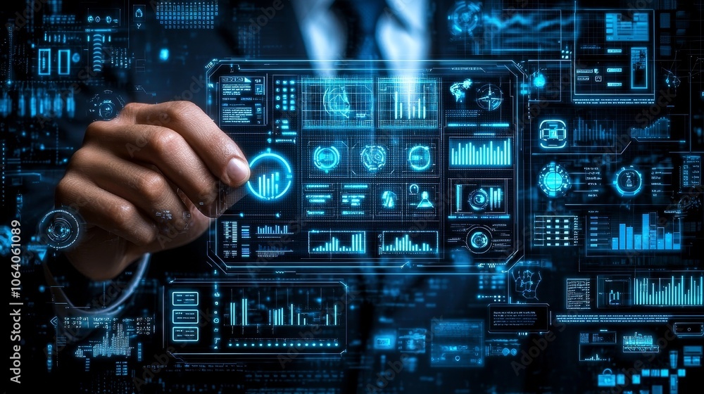 Aufkleber business professional engages with luminous holographic interface to analyze data trends and metrics