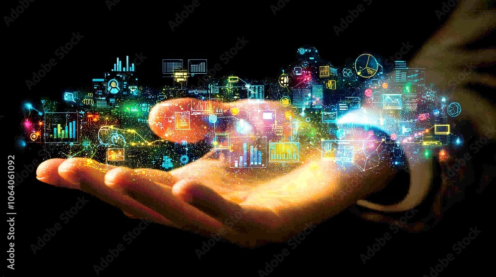 Poster business professional in a suit engages with a luminous holographic display of data visualizations f