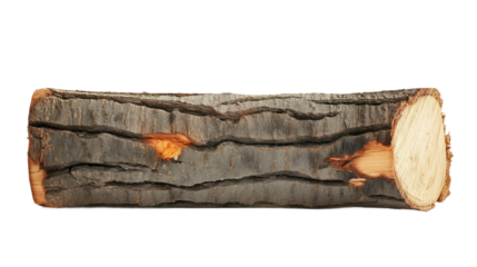 Single oak tree trunk isolated on isolated transparent background with clipping path. Light brown color, small holes on surface. Tree branch, bark texture, natural wood pattern. Alpha mask.