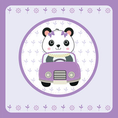 Cartoon, vector, cute character, panda bear in cart, background for party decoration, notebook, stationery