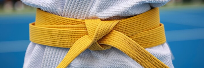 Yellow belt tied around white karate gi, symbolizing skill level in martial arts.