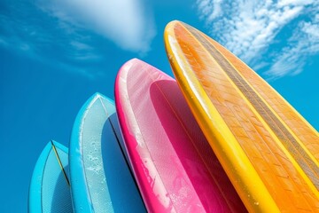 Colorful surfboard tips pointing skyward, set against azure sky with white clouds.