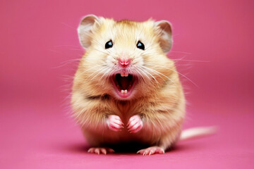 Cute hamster with open mouth on a pink background.