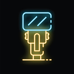 Yellow and blue neon sign representing an electric shaver for men with double blade on black background