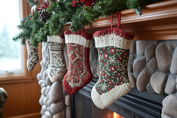 Christmas stockings hanging on a fireplace mantel.