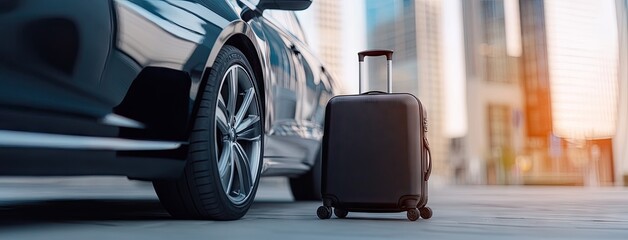 A stylish suitcase rests beside a sleek black car on a vibrant city street under the bright sun, evoking travel adventures and urban exploration
