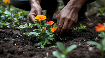 Fototapeta premium Hands Planting Flowers in a Garden