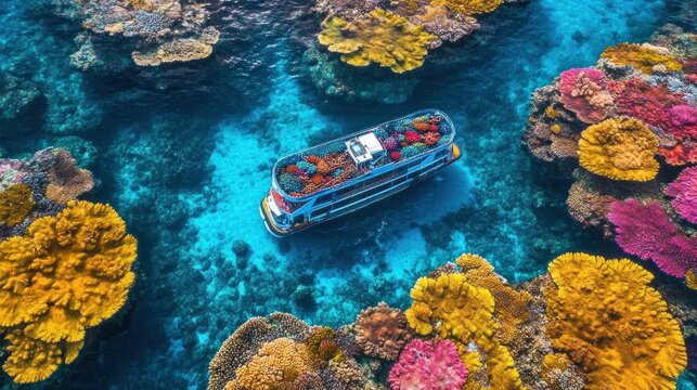 A white boat with a glass bottom sits on a coral reef in crystal-clear water.