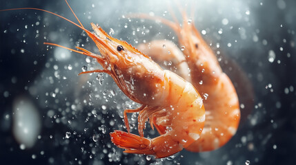 Close-up of two fresh shrimp in icy surroundings, highlighting the vibrant color and texture of quality seafood