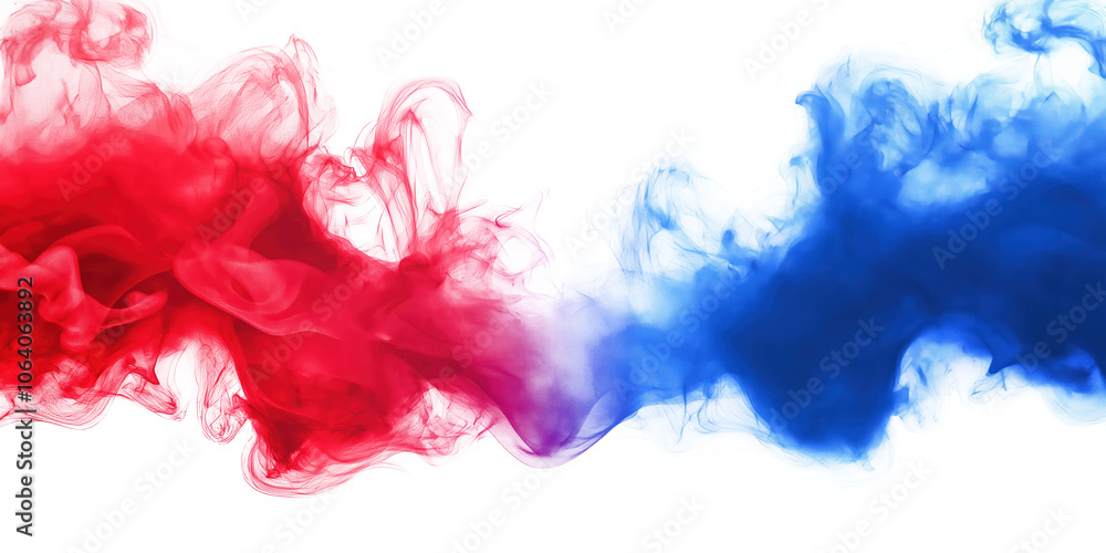 Poster Vibrant red, blue smoke colors dominate scene in gradient display. Red transitions into lighter shade towards bottom, creating depth. Colors in motion, dancing across image. alpha background provides