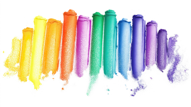 Close-up of colorful scribble with rainbow colors. Vibrant blue, green, purple, yellow, and orange hues. Dynamic, lively scene with blurred colors. Hand-drawn, isolated on transparent background.