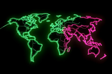 Vibrant neon world map isolated on black background.