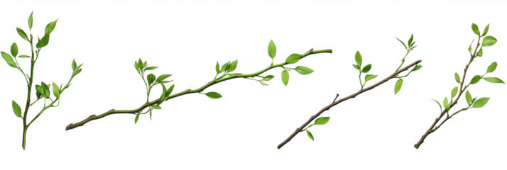 Tree branch with many green leaves isolated on transparent background. Fresh foliage, natural, organic, healthy growth. Branch extends from top left to bottom right with leaves scattered across.