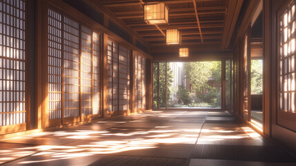Japanese Traditional House Interior With Shoji Screen Doors And Sunlight