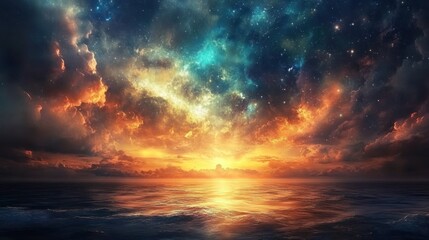 Obraz premium A vibrant, colorful sunset over a calm ocean with a starry sky reflecting in the water.