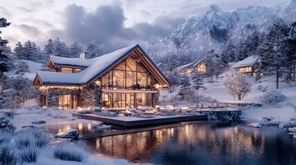 Fototapeta premium A modern wooden cabin with large windows and a pool in the snowy mountains, lit up at dusk.