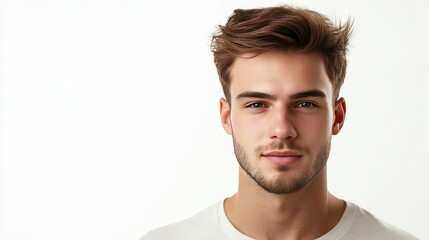 Obraz premium Handsome man with trendy brown hairstyle on a white background