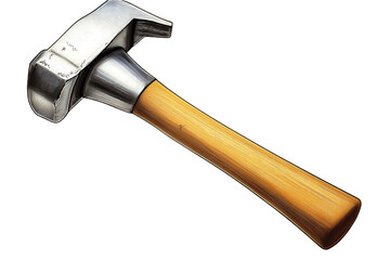 Vibrant yellow hammer rests on gray surface. Curved head, flat handle, tool for work, construction, building, repair, carpentry, woodworking, DIY, home improvement, tool handle, metal, steel, iron,