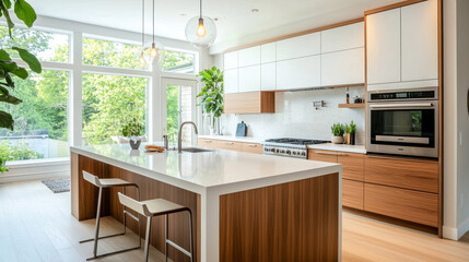Modern Kitchen Design with White Cabinets  Island  and Natural Light