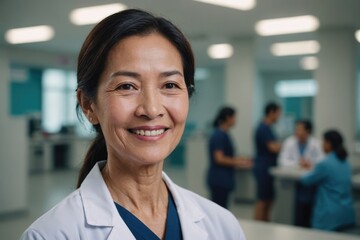 Close portrait of a smiling senior Singaporean woman doctor looking at the camera, Singaporean hospital blurred background