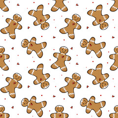 cookies seamless pattern with hearts, seamless christmas pattern with ginger man and red hearts, Christmas outline seamless pattern with gingerbread men cookies 