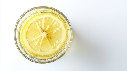Lemon ice in a glass on a white background, featuring a lemon slice. Refreshing and healthy drink.
