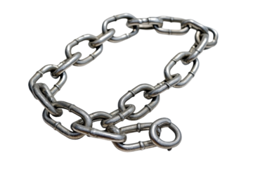 Close-up of silver chain with multiple connected links. Chain strong durable structure consists of small rivets. Chain is horizontal with left side slightly ahead of right. Transparent isolated.