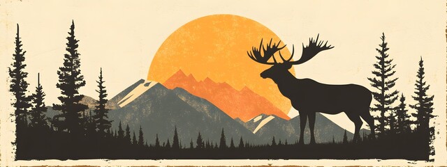 Fototapeta premium A silhouette of an elk standing in front of the sun, with mountains and trees behind it