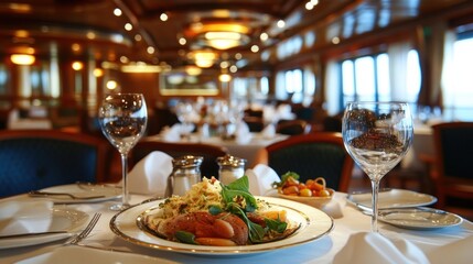 A beautifully set table in a fine dining restaurant with a delicious meal and two wine glasses.