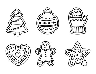 Festive vector set of New Year's gingerbread cookies. Includes a star, a tree, a heart, gingerbread men, a sock, a mitten. Perfect for holiday designs, cards and seasonal decorations.
