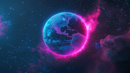 Futuristic Earth Globe with Pink Nebula in Space
