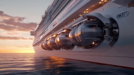 A close-up view of a cruise ship's hull with round, metallic lifeboats at sunset.