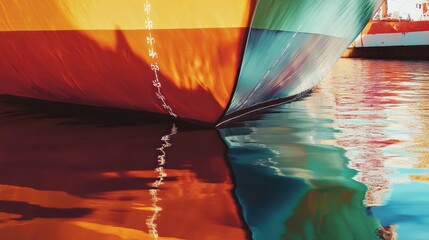 A close-up of a colorful cargo ship's hull in a harbor, with its reflection in the water.