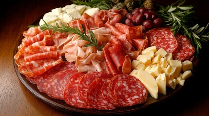 Obraz premium salami and cheese on a wooden plate