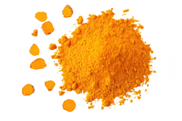 Turmeric powder in heap on isolated transparent background. Yellow spice isolated on studio shot. Aromatic herb with orange pieces. Natural ingredient for curry, spice blends, and flavoring. Cut out.