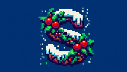 8-bit pixel art style illustration of christmas alphabet letter S