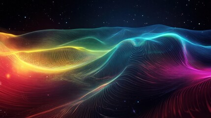 Obraz premium Abstract colorful wave pattern with glowing lines against a dark background.