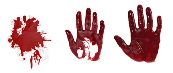 Close-up of bloody handprint, red stain on alpha layer. Isolated, abstract, and eerie, with vibrant red color. Contrasting colors, nail polish, and hand shape, create sense of danger and horror. Png.