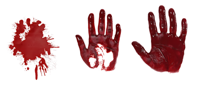 Close-up of bloody handprint, red stain on alpha layer. Isolated, abstract, and eerie, with vibrant red color. Contrasting colors, nail polish, and hand shape, create sense of danger and horror. Png.
