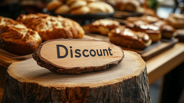 Wooden Sign with Discount Text on Rustic Bakery Counter