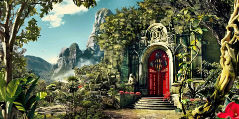 Fototapeta premium Forbidden Temple: A crumbling stone temple atop a jungle-covered mountain, its doors sealed with twisted vines and adorned with grotesque statues.
