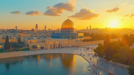 Aerial view of the Dome of the Rock in Jerusalem at sunset.