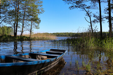 A blue wooden boat moored on the shore of a lake, Borki, Warmian-Masurian Voivodeship, Poland