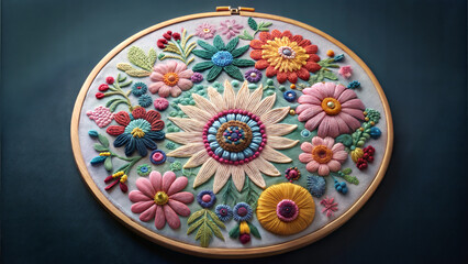Naklejka premium Beautiful handcrafted embroidery hoop art featuring intricate floral designs and colors for wall decor with copy space