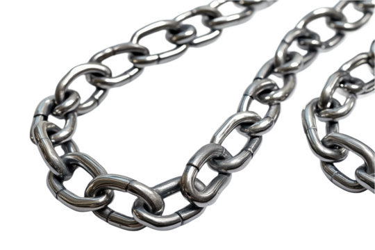 Close-up of silver chain necklace with interconnected links. Chain composed of varying link sizes, shapes. Linear arrangement creates continuity, flow. Silver color contrasts with isolated background. - Powered by Adobe