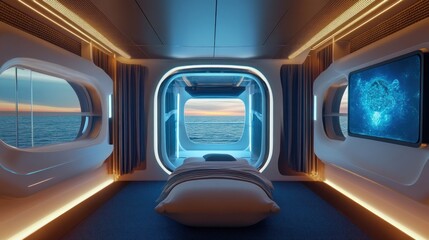 Futuristic bedroom with a large window overlooking the ocean. The bed is made with white linens and there is a TV on the wall. The room is lit by warm lighting.