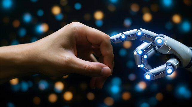 Mano humana tocando mano rob&oacute;tica en concepto de conexi&oacute;n tecnol&oacute;gica con la inteligencia artificial