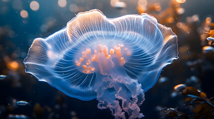 Fototapeta premium Enchanting Underwater Vision of a Blue Moon Jellyfish Gliding Elegantly Through a Sunlit Bay Filled with Playful Schools of Fish