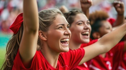 Fototapeta premium Ecstatic fans celebrating victory in red team jerseys at a sports event